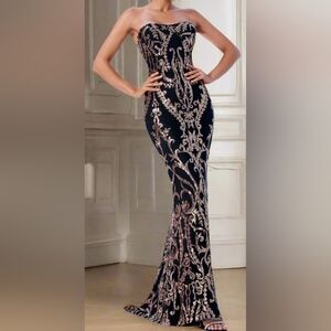 Missord Black Silver Strapless Maxi Sequin Formal Dress Size L